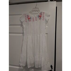 MINE Embroidered White Tiered Dress Flutter Sleeve Women's S &‎ L
